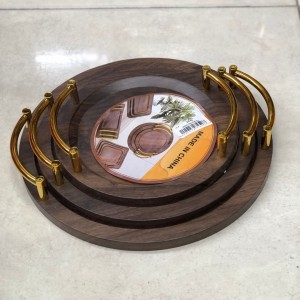 طقم صواني خشب بامبو بني ثقيل مدور حفة صغيرة مع يد ذهبي 3 قطع 40 سم - 35 سم - 30 سم